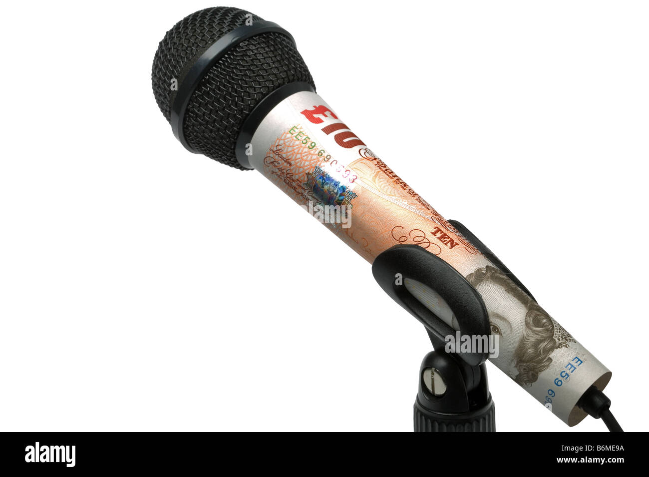 Konzept Geld spricht Bild eines Mikrofons mit einem zehn-Pfund-Note isoliert auf einem weißen Hintergrund gemacht Stockfoto