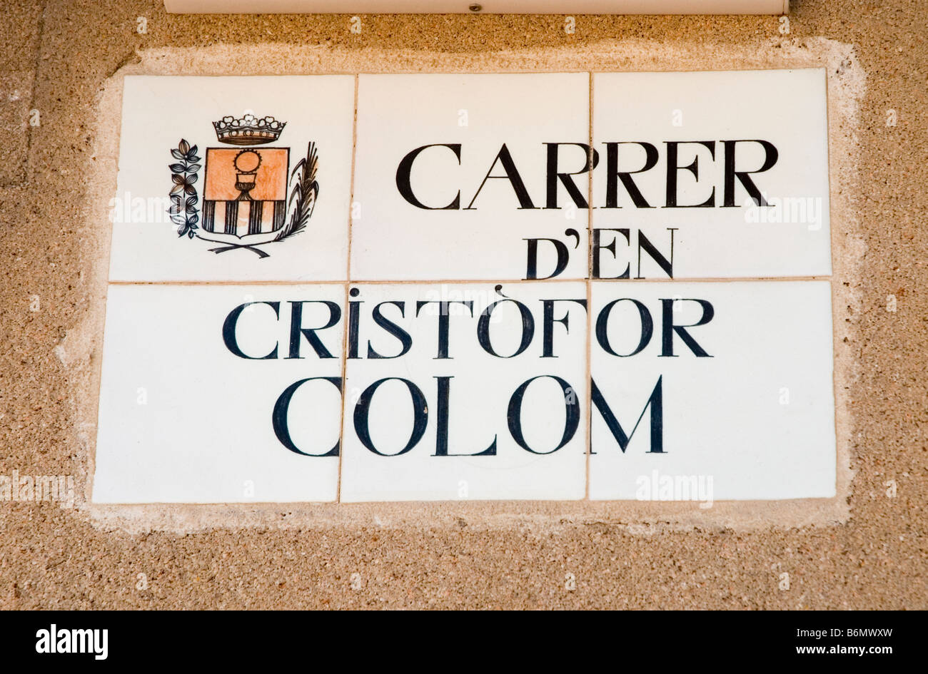 Straßenschild, Carrer d ' en Cristofor Colom, Porto Colom, Mallorca Stockfoto