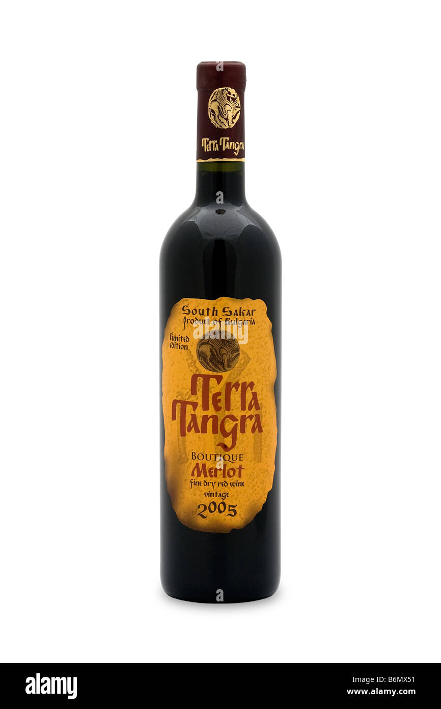 Bulgarien Süd Sakar Terra Thangra Limited Edition Boutique Merlot trocken rot Wein Jahrgang 2005 dunkle rubinrote Farbe starkes Aroma reifer Stockfoto