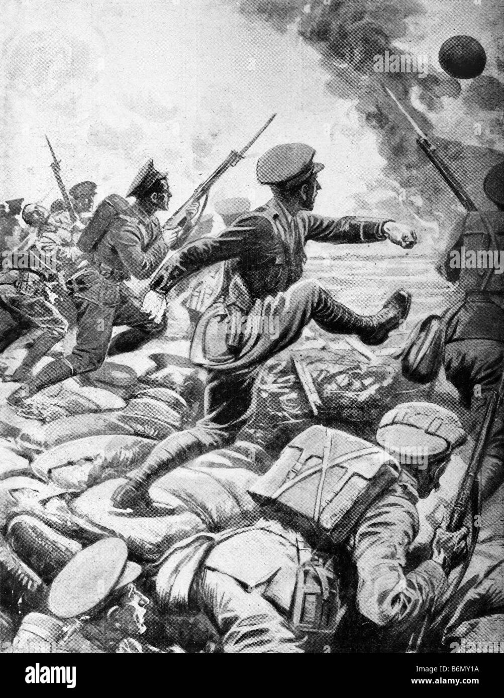 Ersten Weltkrieg zeitgenössische Illustration eines britischen Offiziers treten einen Fußball gegenüber deutschen Gräben, als er einen Angriff führt. Stockfoto