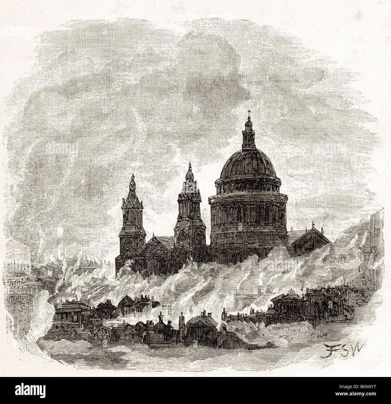 Das große Feuer von London, England, 1666. Stockfoto