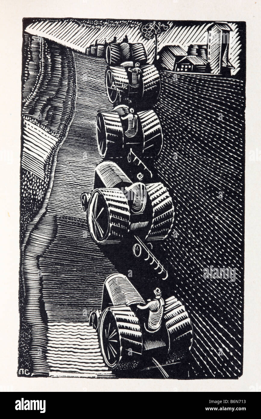 Traktoren im Kolchos, Illustration aus der special Edition von Stalins Bericht über Industrialisierung (1933), Russland Stockfoto