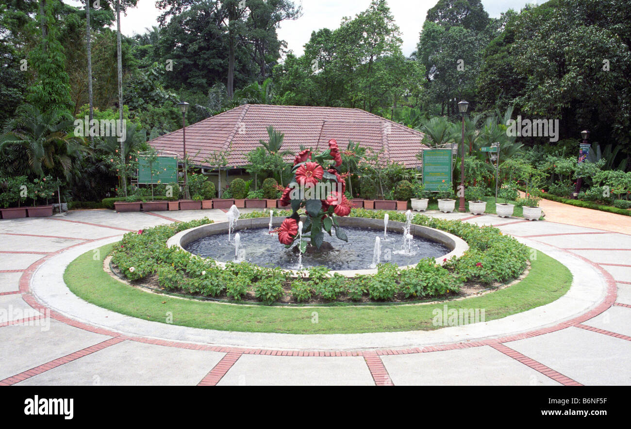 Brunnen mit Skulptur von Hibiscus Rosa Sinensis (Bunga Raya, Rose of China, Shoeflower), The Kuala Lumpur Hibiscus Garden Stockfoto