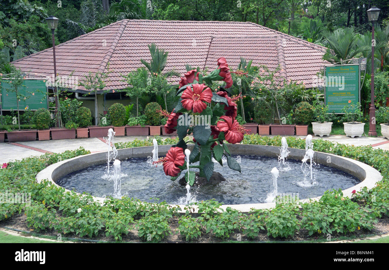 Brunnen mit Skulptur von Hibiscus Rosa Sinensis (Bunga Raya, Rose of China, Shoeflower), The Kuala Lumpur Hibiscus Garden Stockfoto