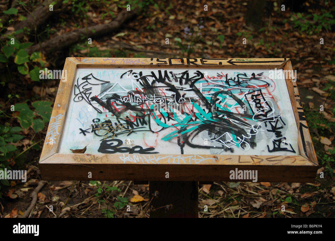 Ein Wegweiser in Graffiti bedeckt Stockfoto
