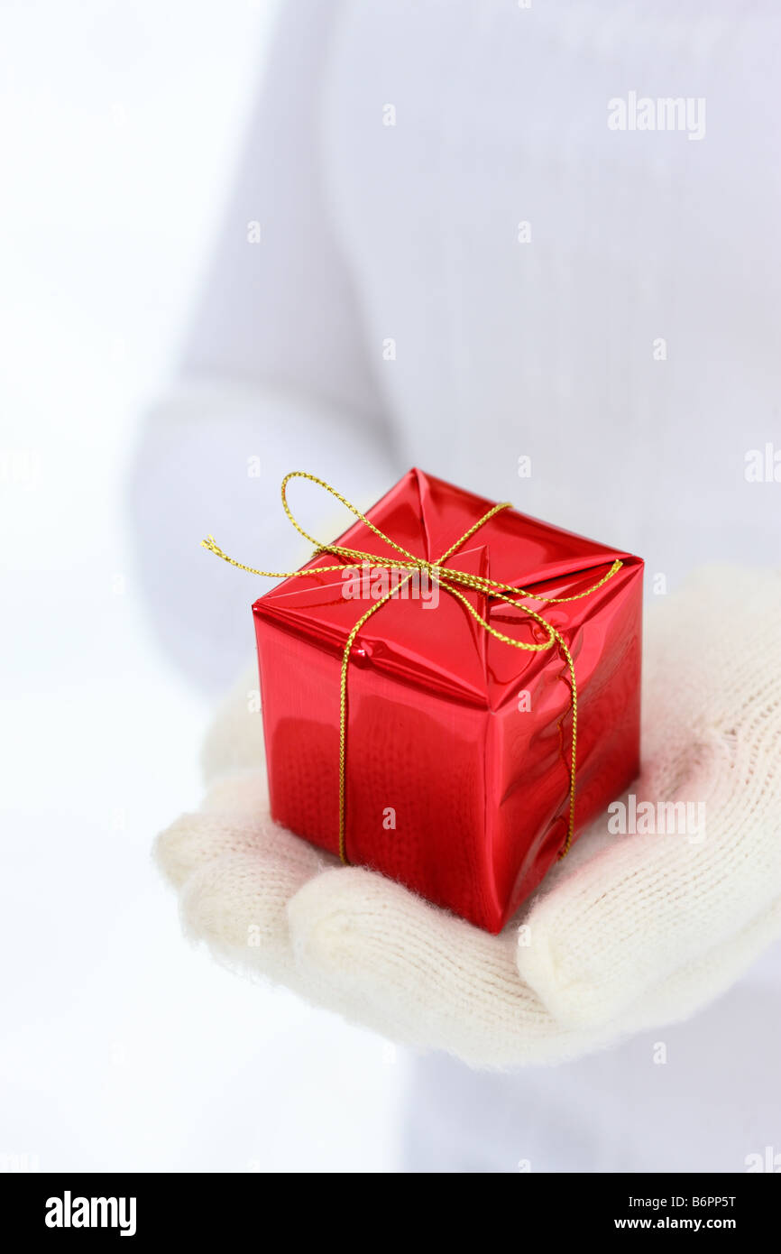 Hände mit Winterhandschuhe holding Christmas Present Stockfoto