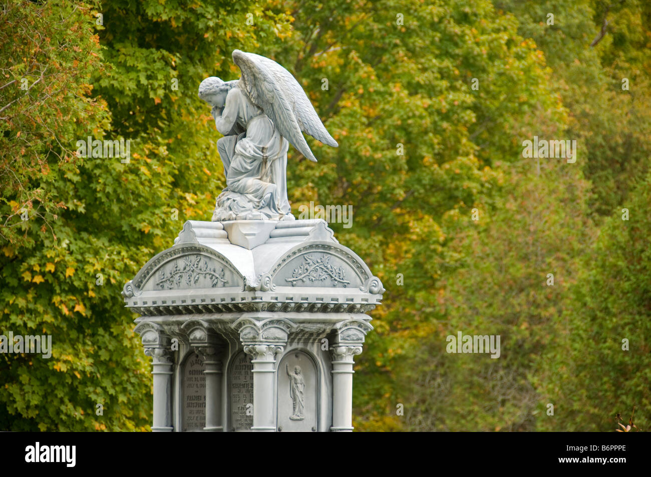 Statue eines Engels auf einem Friedhof mit Schwerpunkt Bäume im Hintergrund Stockfoto