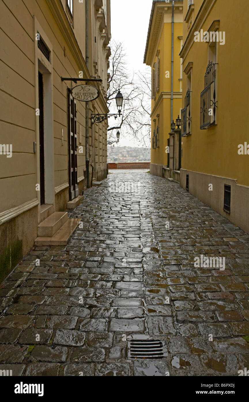 Ungarn Budapest Gasse Burgviertel im Winterregen Stockfoto