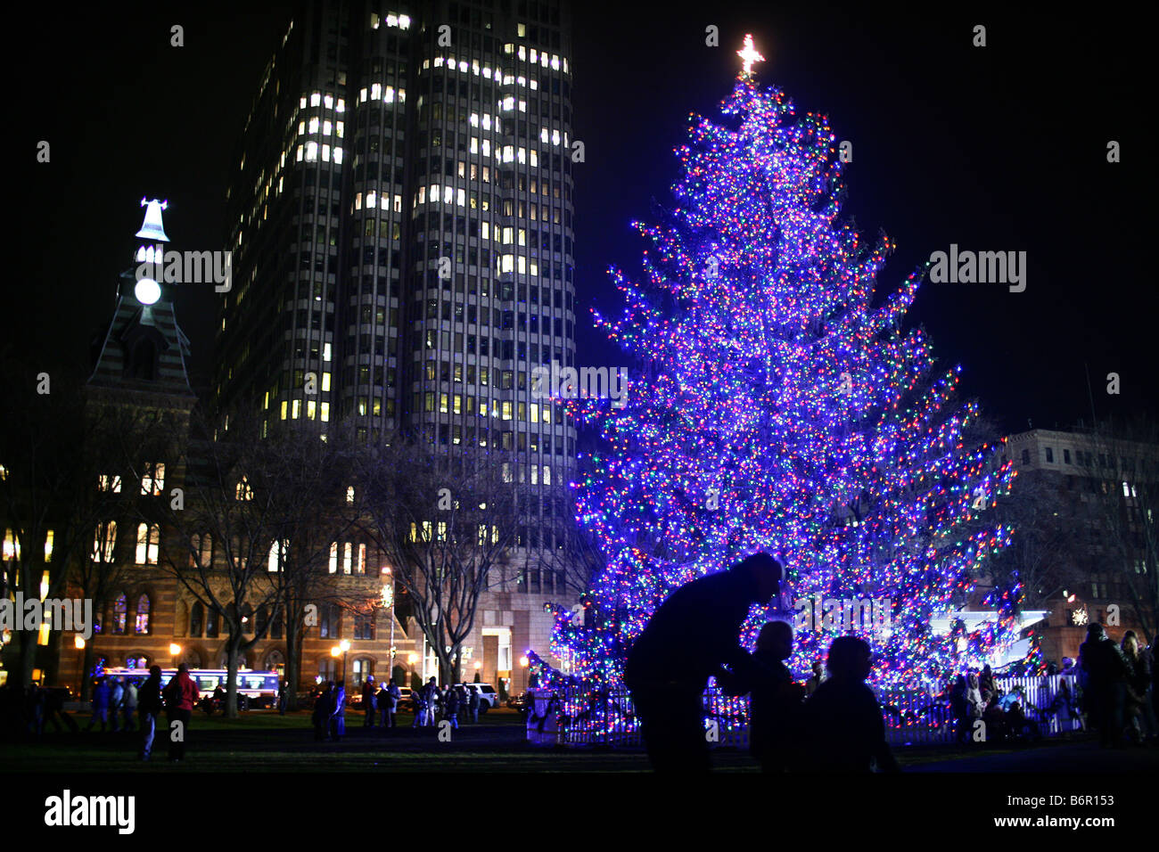 New Haven Connecticut Weihnachtsbaum Momente, nachdem es entzündet wurde. Die New Haven Stadtbaum verwendet LED-Leuchten, um Energie zu sparen. Stockfoto