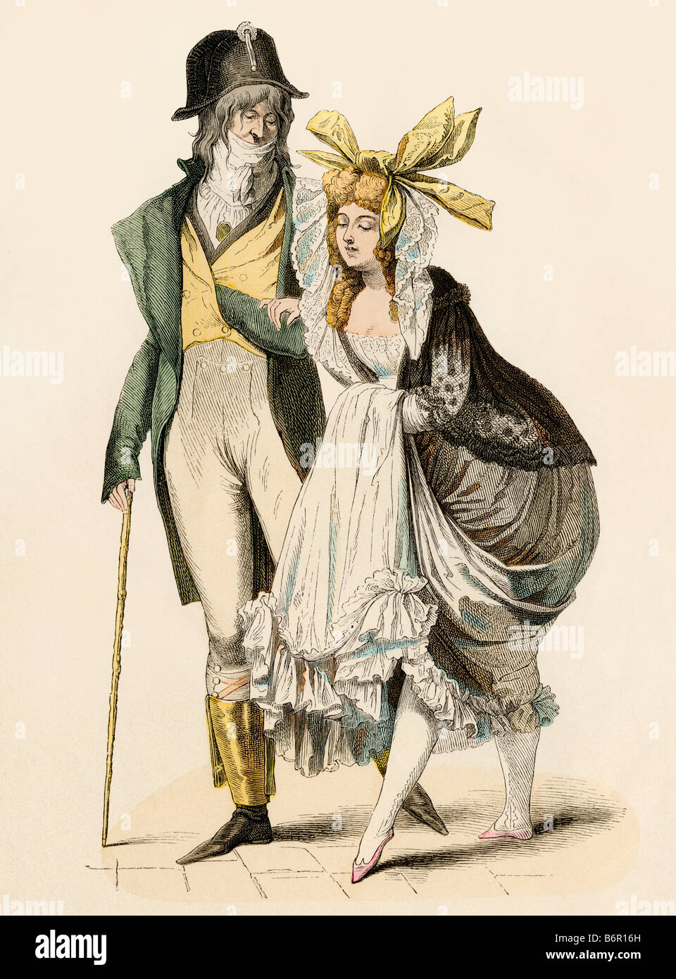 Jakobiner Paar im revolutionären Paris 1794. Hand-farbig drucken Stockfoto