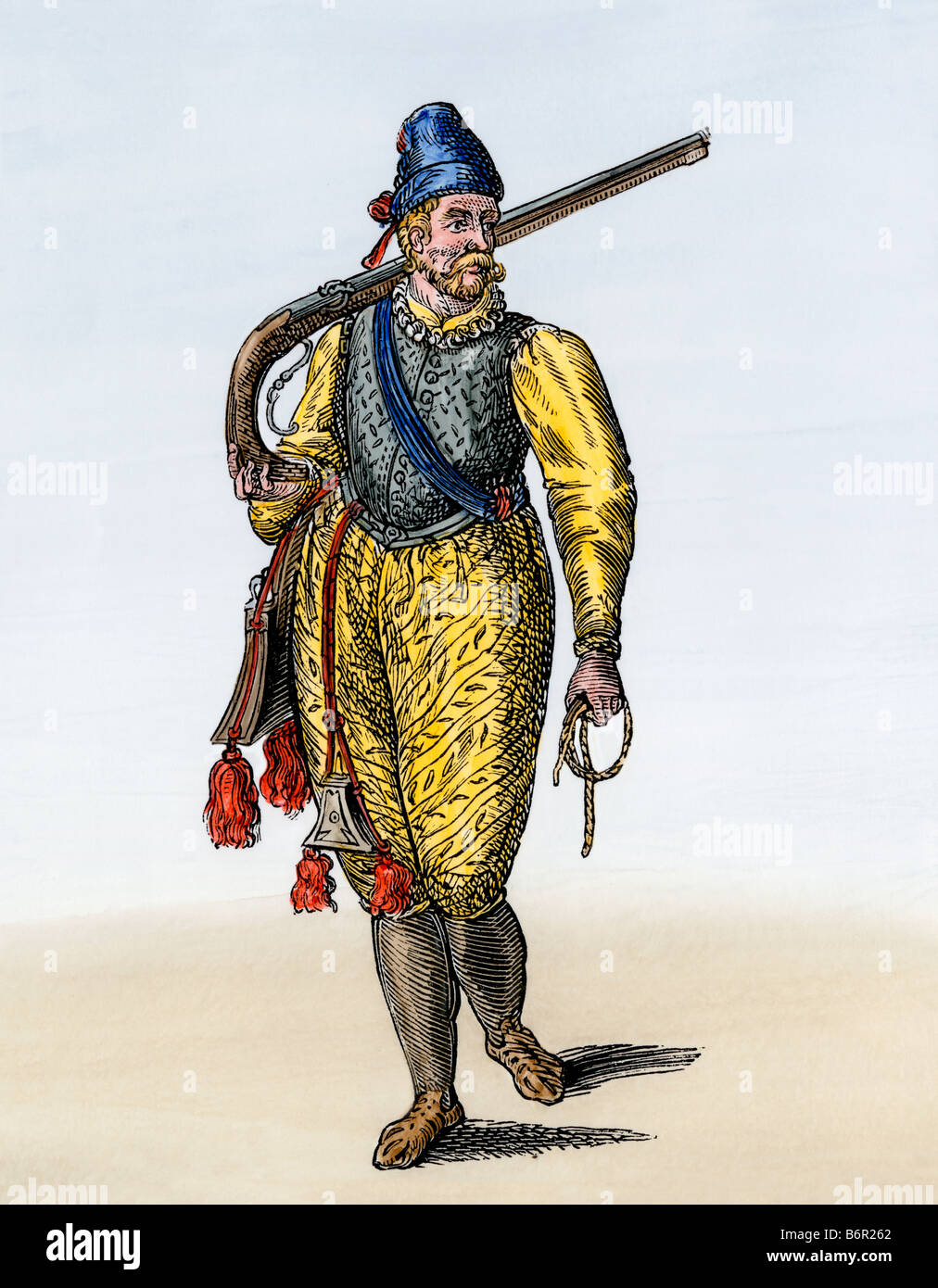 Niederländischer Soldat trägt eine arquebus 1500s oder 1600s. Hand - farbige Holzschnitt Stockfoto