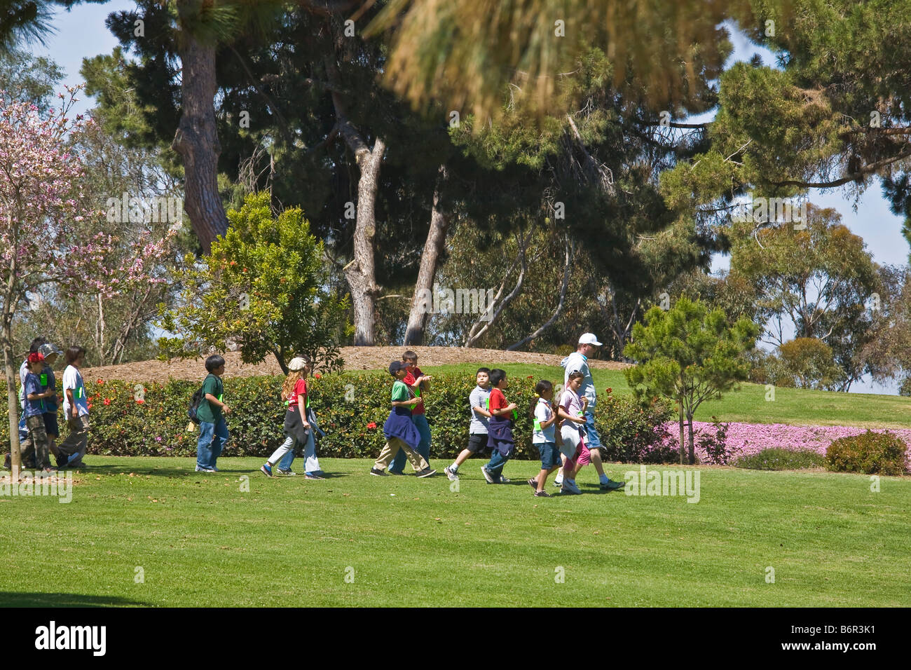 Schüler und Lehrer Kreuzung Rasen auf einem Feld Reise im Presidio Park in San Diego Kalifornien Stockfoto