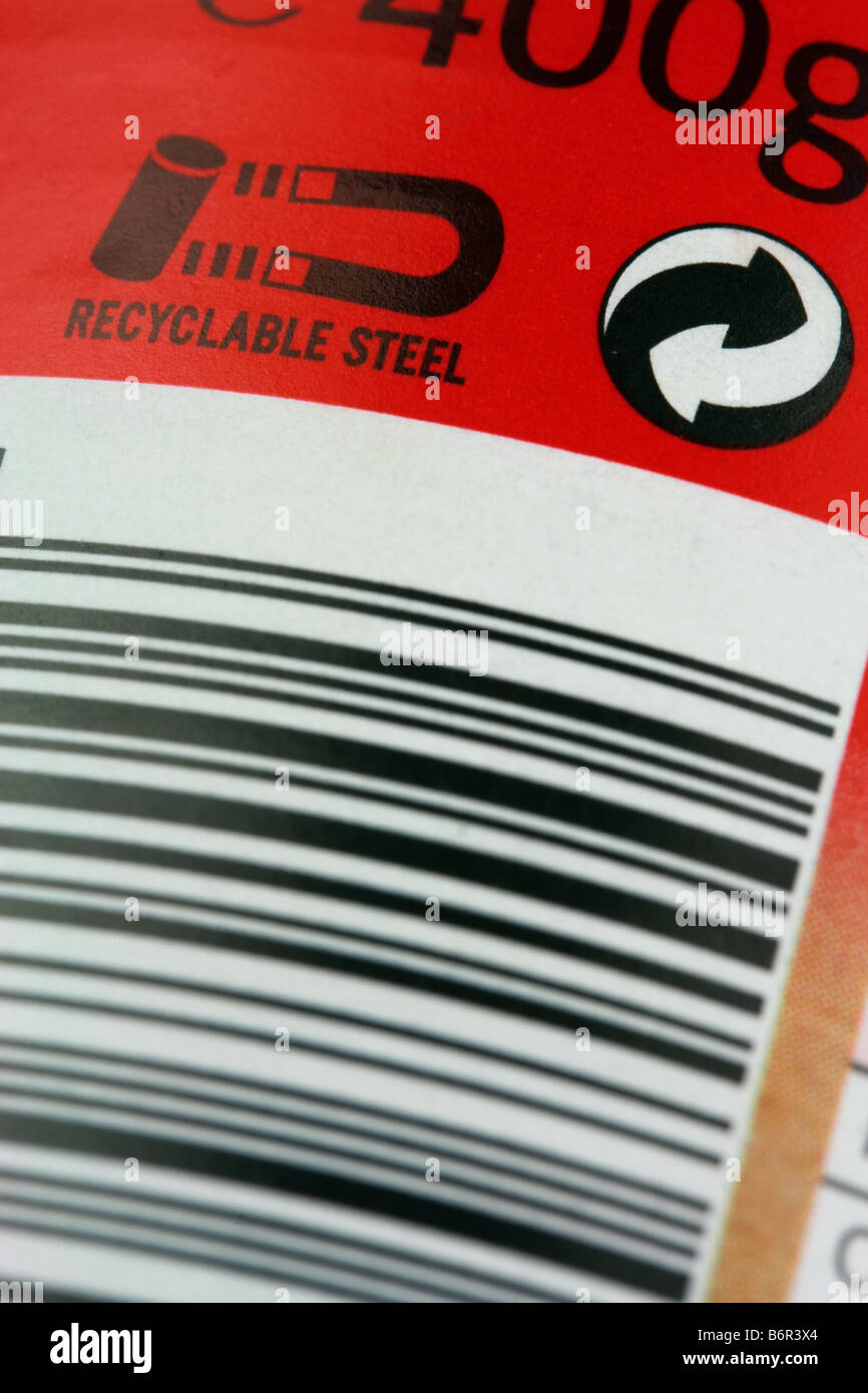 Barcode und wiederverwertbaren Stahl Logo auf Stahl kann Stockfoto