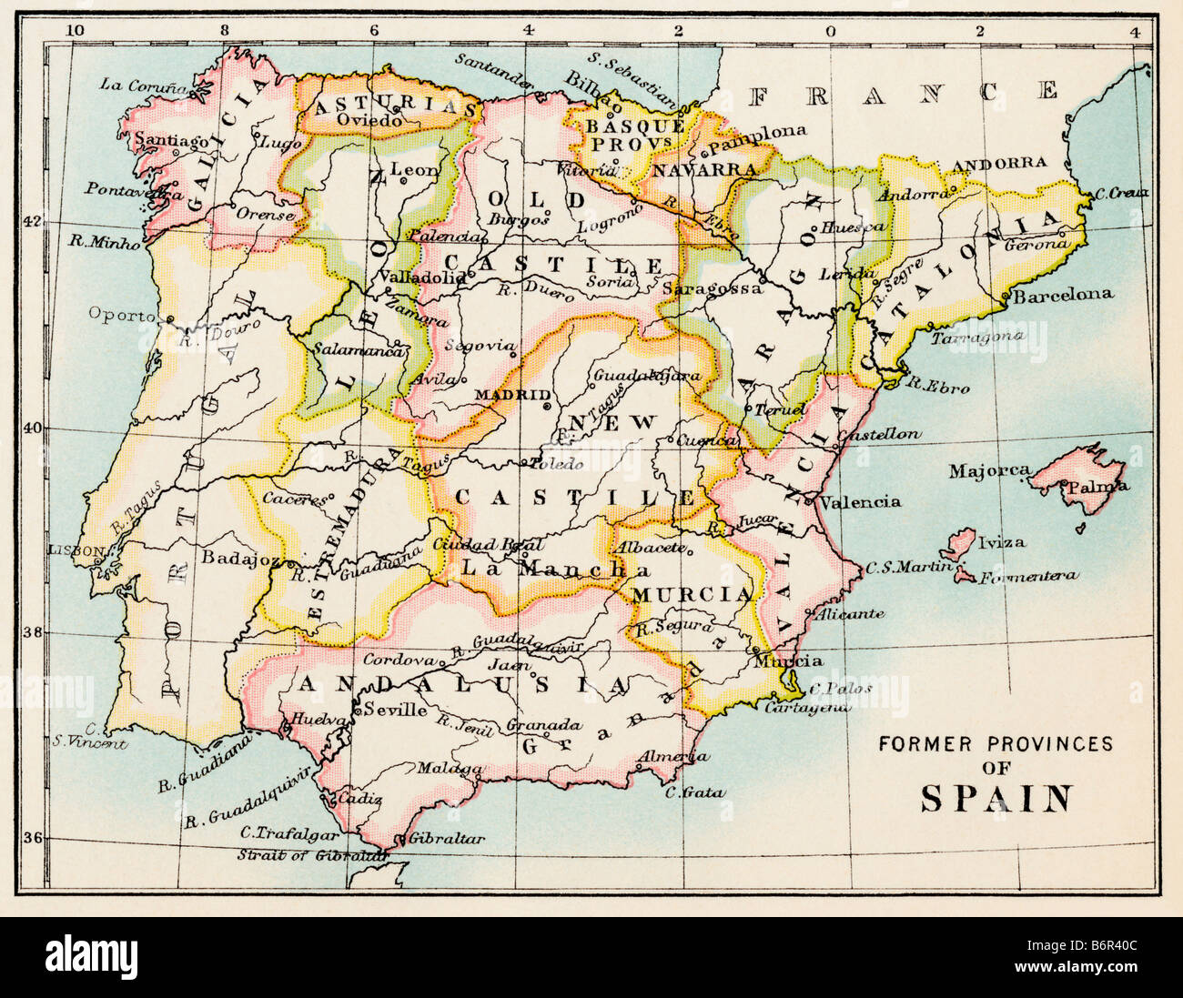 Karte der ehemaligen Provinzen Spaniens. Farblithographie Stockfoto
