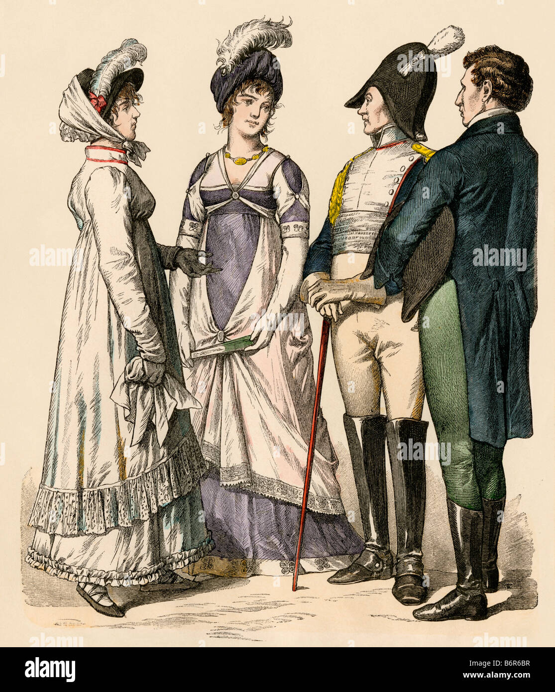 Modische Europäer unter das Französische Kaiserreich 1809 bis 1812. Hand-farbig drucken Stockfoto