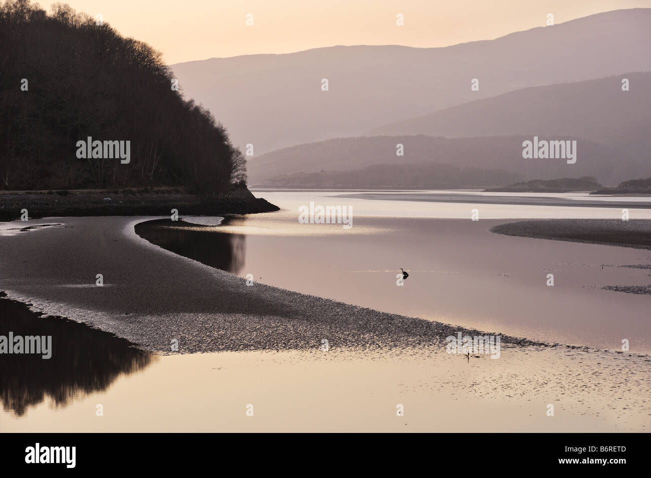 Sonnenuntergang über den Mawddach Mündung mit Reiher in Wasser, in der Nähe von Wales, Wales, UK Stockfoto