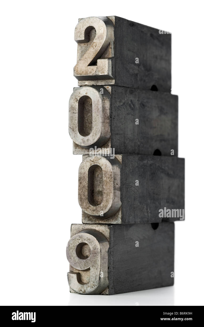 alten führen Buchstaben bilden 2009 auf weiß Stockfoto