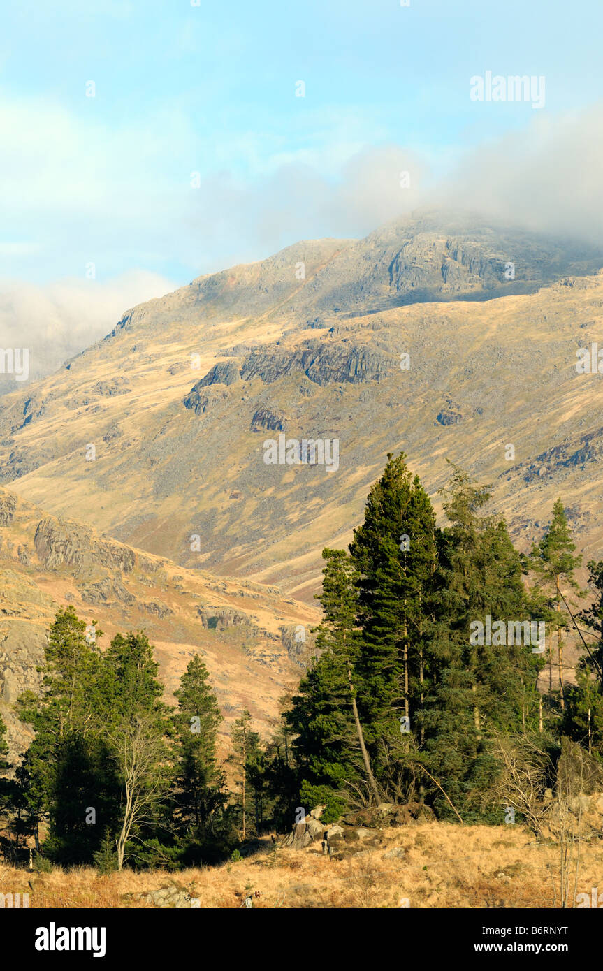 Eine Ansicht des Ulpha fiel mit Bogen fiel in der Hintergrund-Cloud von Seathwaite aus gesehen Stockfoto