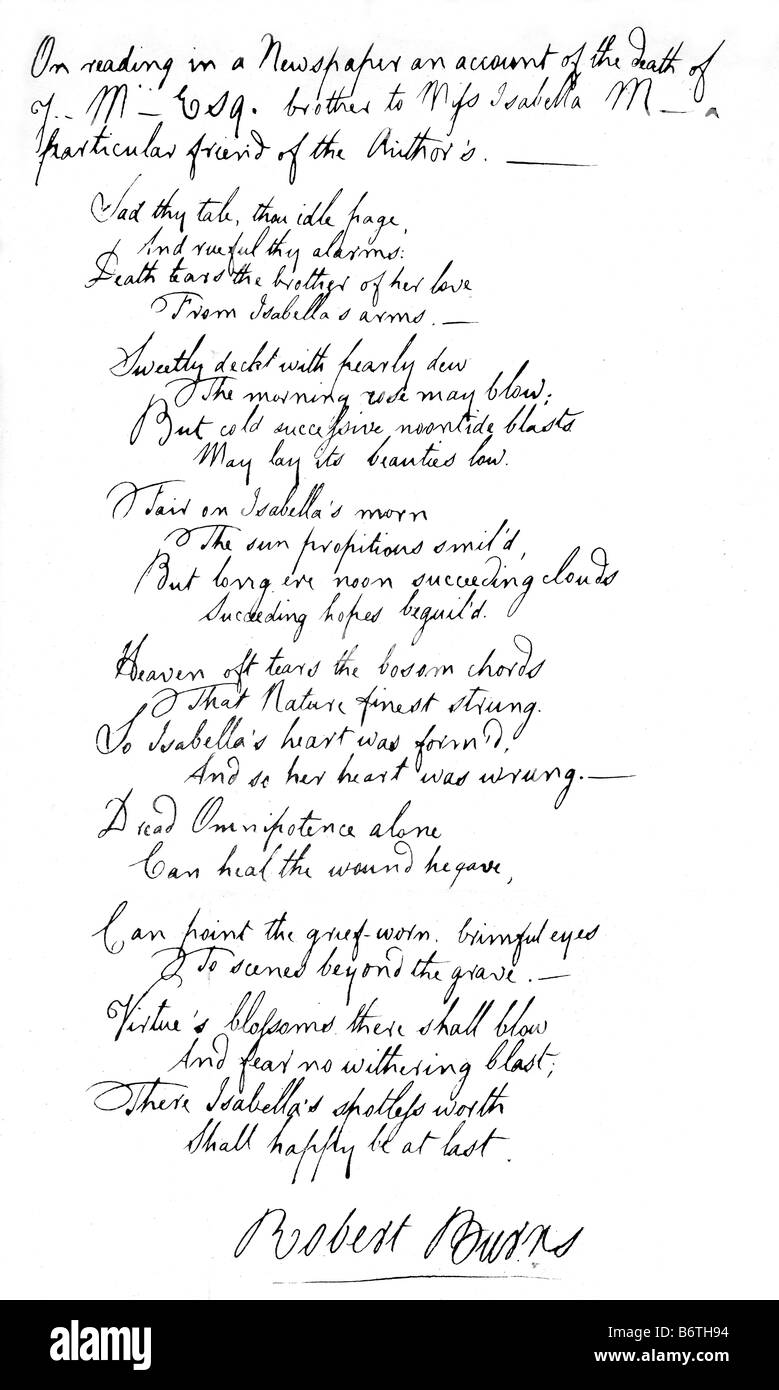 Faksimile des Robert brennt Handschrift in den Werken von Robert Burns veröffentlichte 1863 Stockfoto