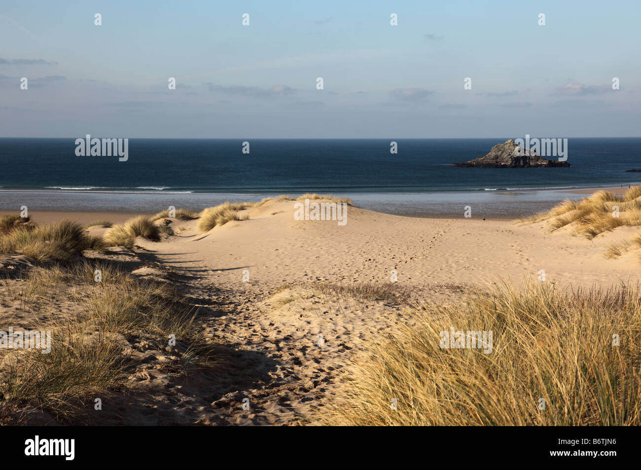 Crantock Beach Sanddünen im Winter, Cornwall, England, UK Stockfoto