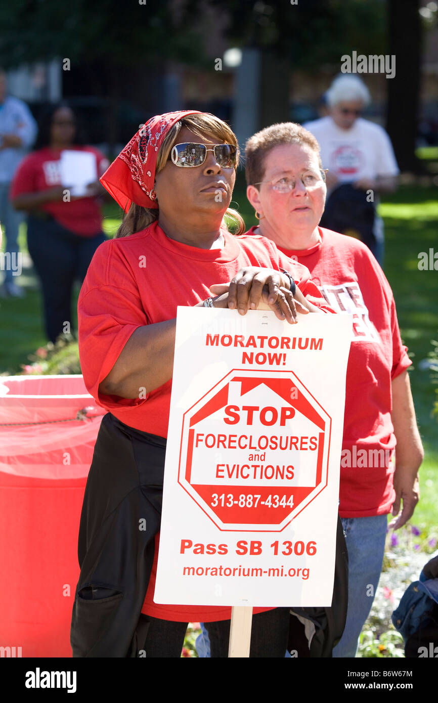 Protest gegen Zwangsvollstreckungen in Lansing, Michigan State Capitol Building statt Stockfoto