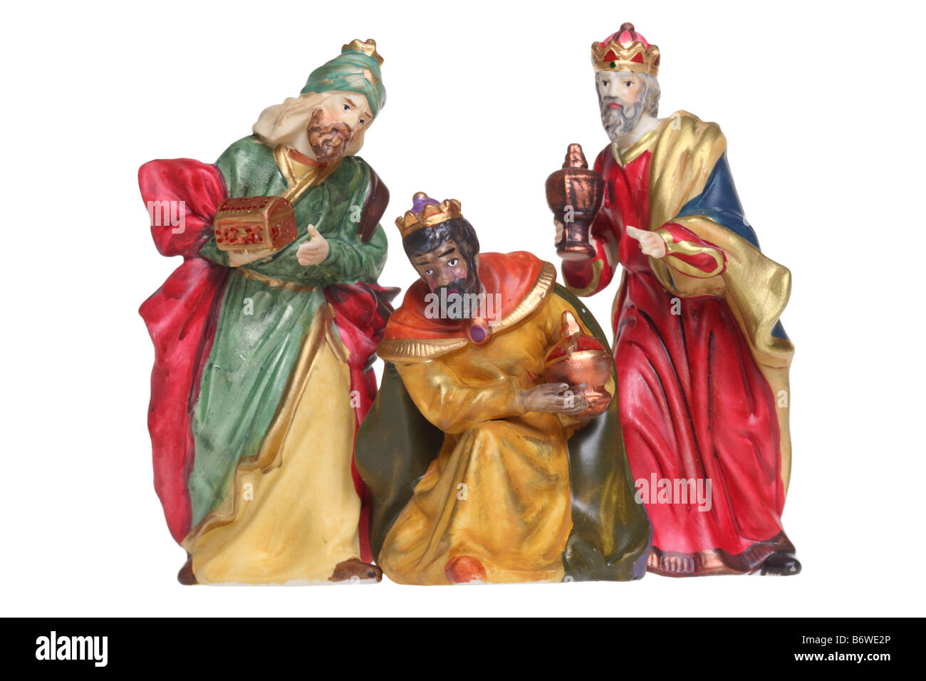 Drei Könige Geburt Szene Figuren Ausschnitt isoliert auf weißem Hintergrund Stockfoto