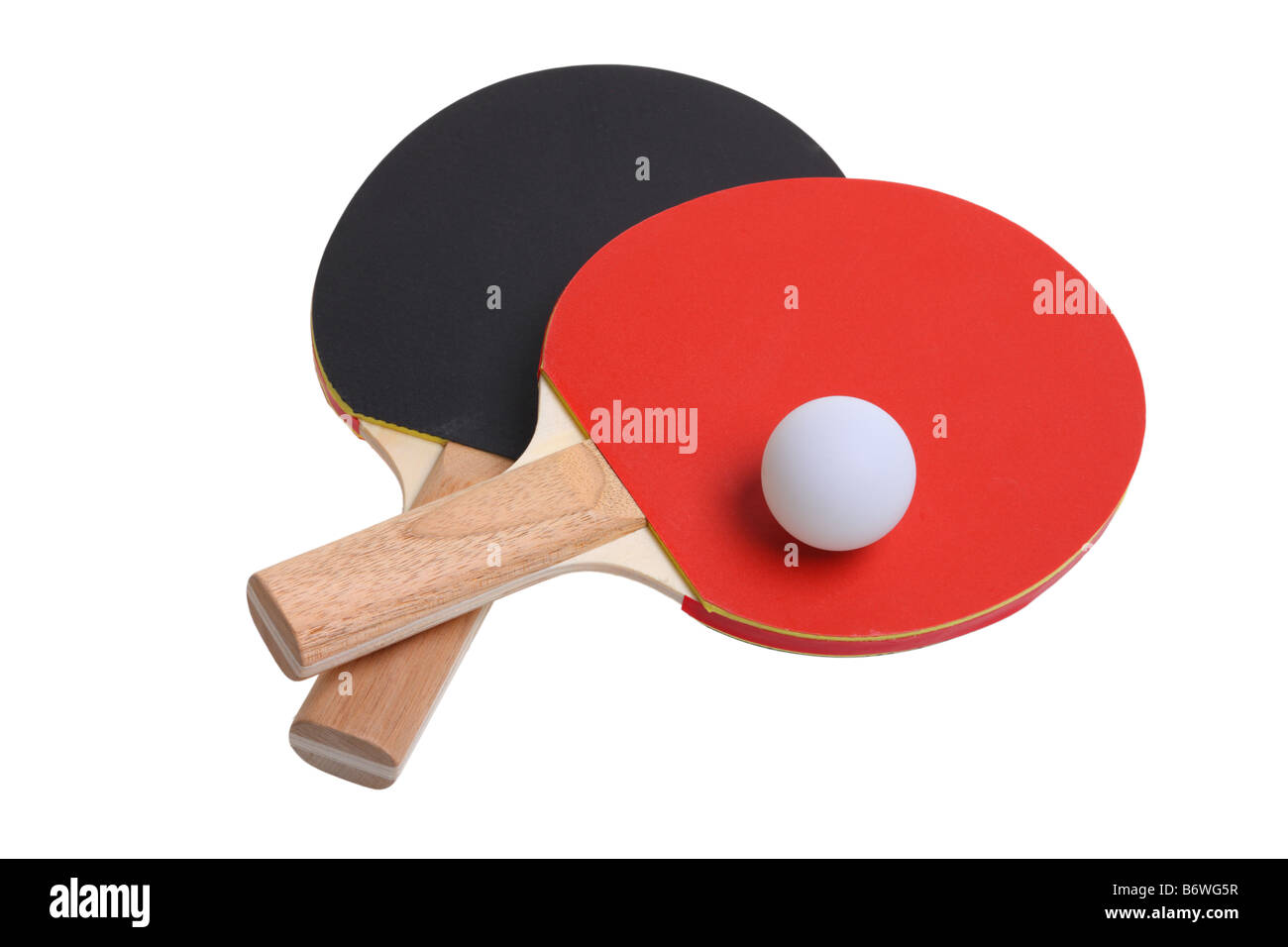 Ping-Pong Paddel und Kugel schneiden Sie isoliert auf weißem Hintergrund Stockfoto