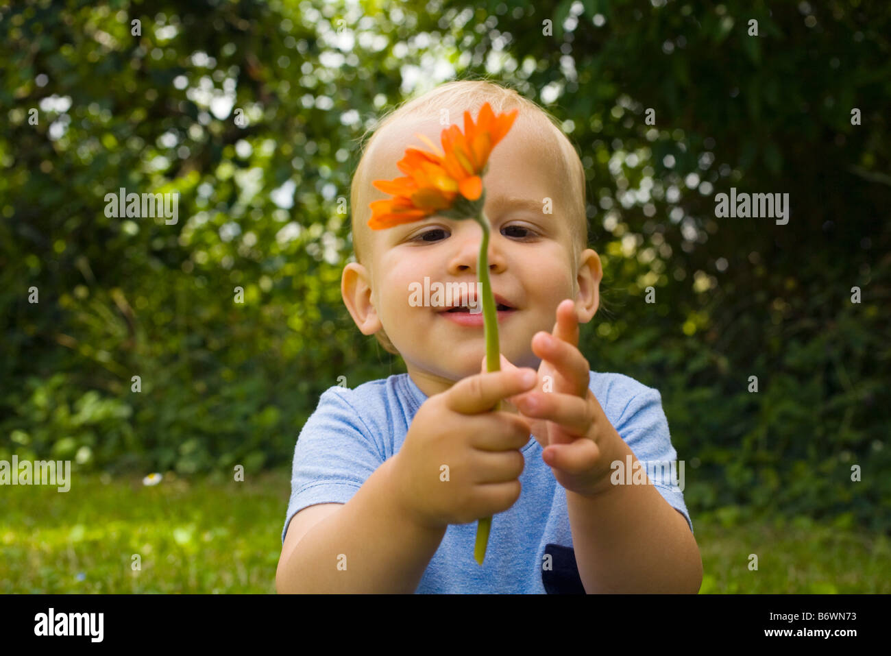 Ein kleiner Junge mit Blumen Stockfoto