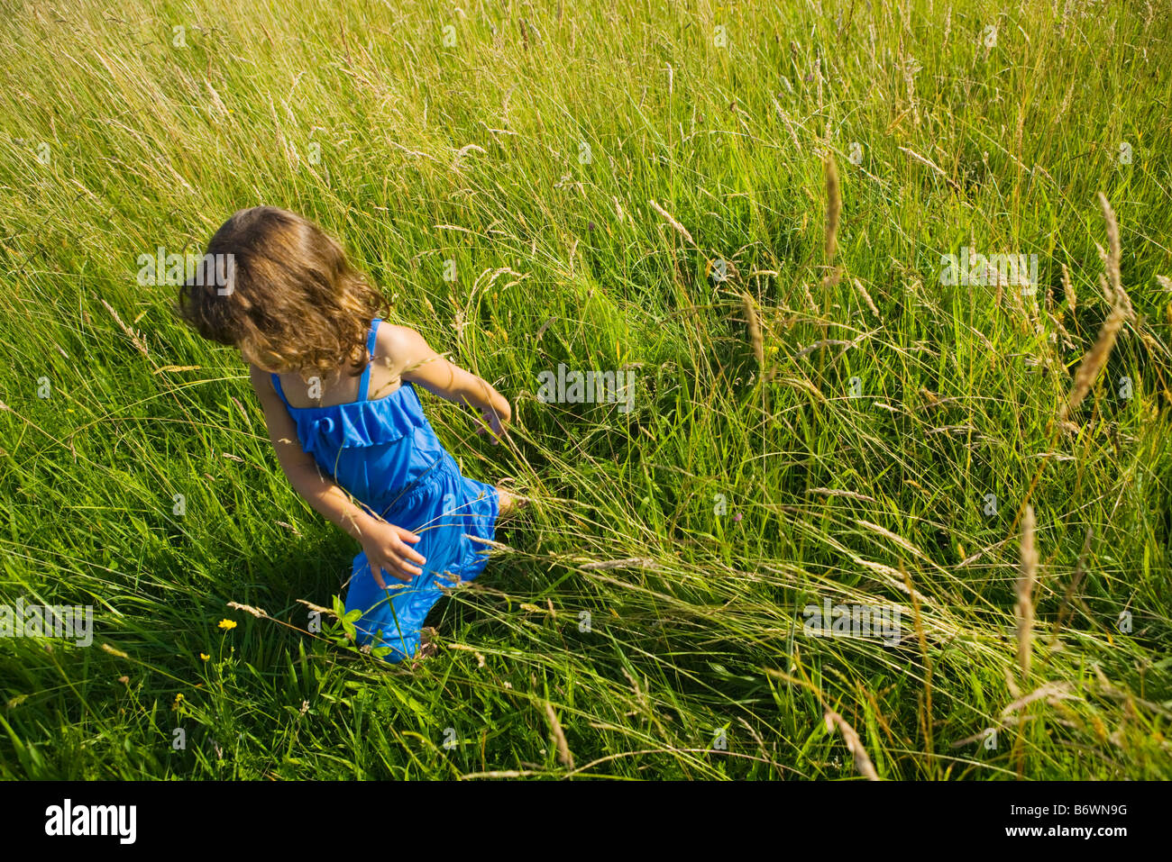Ein Mädchen zu Fuß durch ein Feld lange Gras Stockfoto