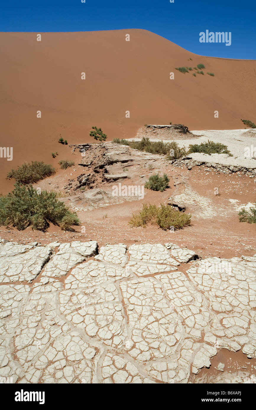 Trockenen Landschaft der Ton Pfannen, die unter den hohen Dünen Namib-Wüste liegen Stockfoto