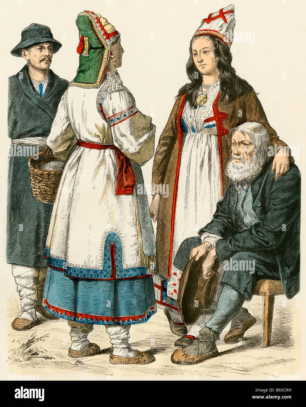 Menschen in der Wolga Region Russlands, darunter ein Mordovian Mann gelassen. Hand-farbig drucken Stockfoto