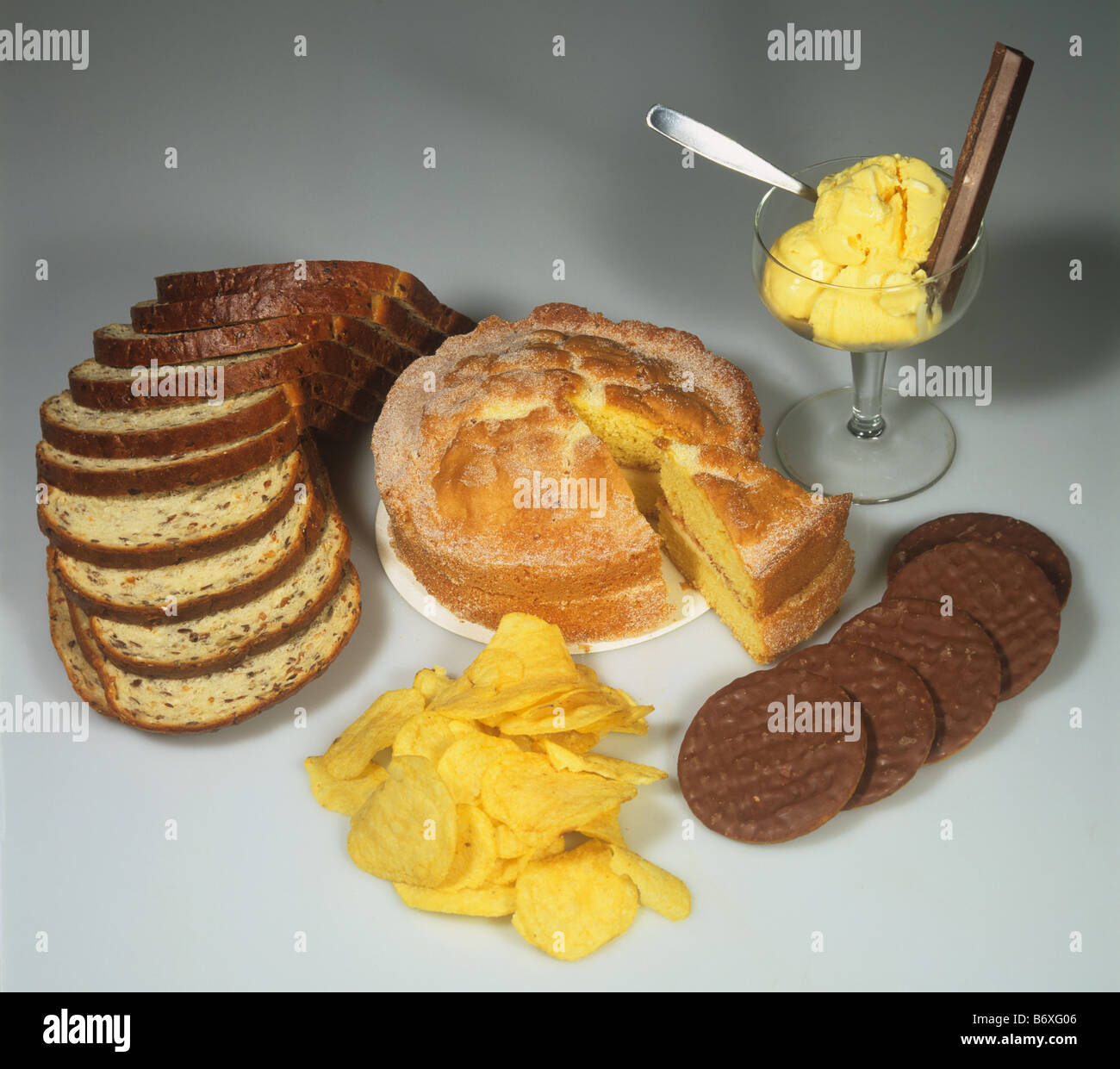 Hochenergetische kohlenhydratreiche Lebensmittel einschließlich Kuchen Kekse Brot Kartoffelchips Schokolade Stockfoto
