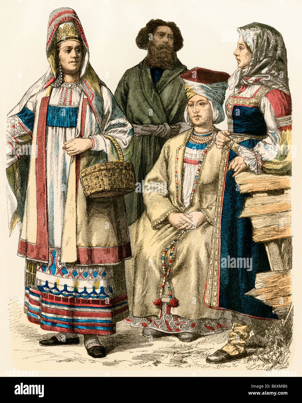 Russische Frauen von rjasan Region Links und St. Petersburg, rechts. Und eine Finnische Frau, sitzt. Hand-farbig drucken Stockfoto
