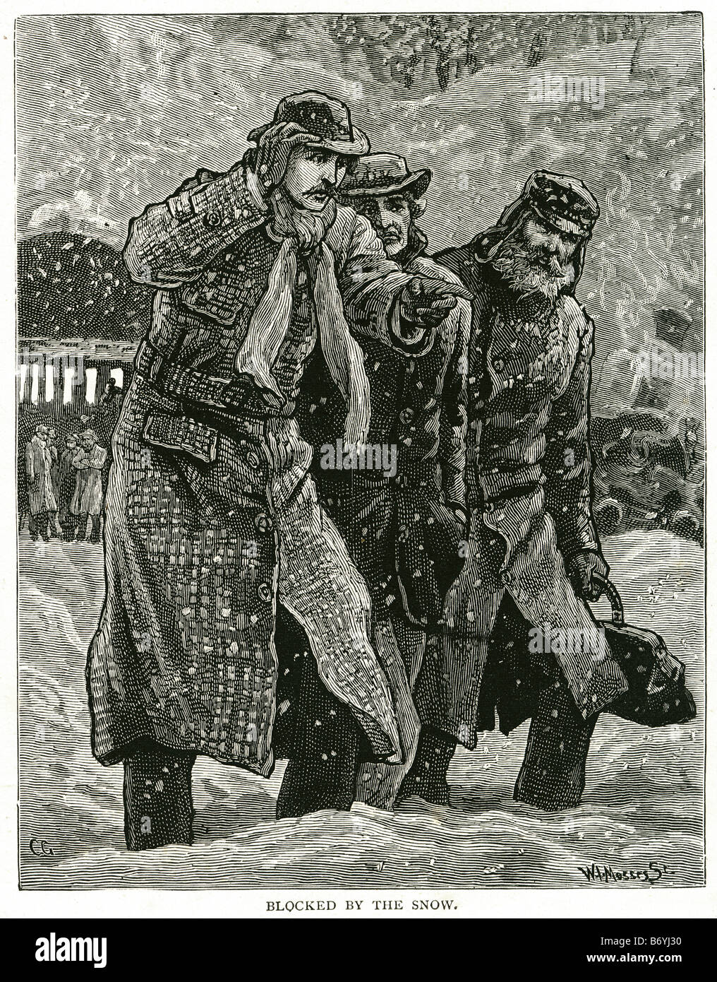Durch den Schnee Winter Männer Mann Reisen zu Fuß Blizzard Eis Trachten Zeitraum Kleid blockiert Stockfoto