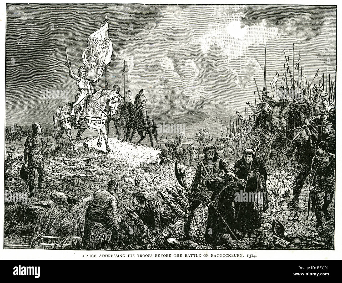 Bruce mit seinen Truppen vor der Schlacht von Bannockburn 1314 Blàr Allt ein ' Bhonnaich schottischer Sieg Stockfoto