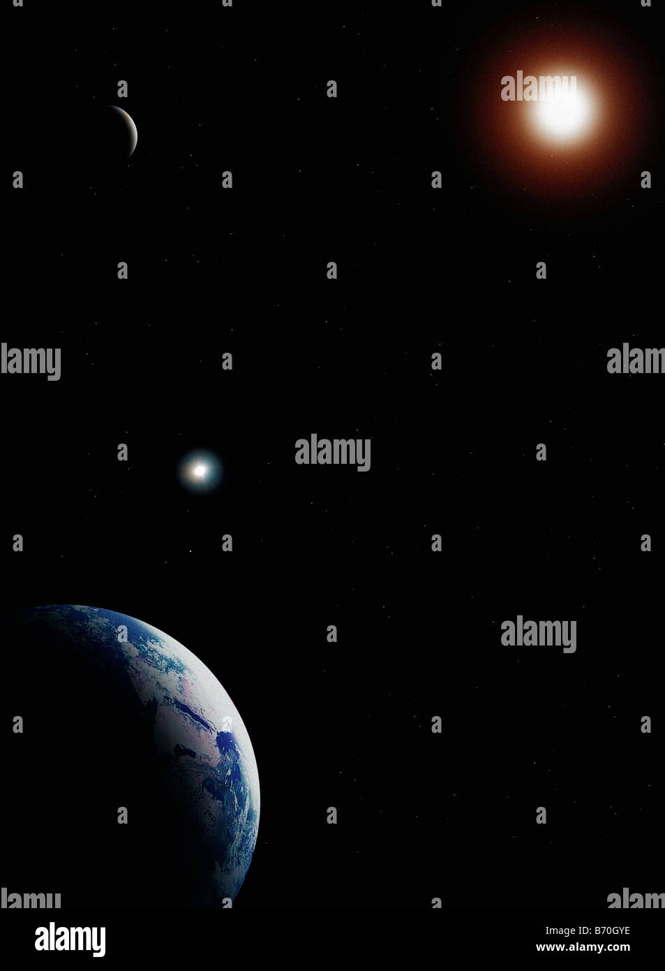 Erde-Mond Sterne Sonne Raum Sonnensystem Planeten Schwarz Licht Gott Verfahrweg Stockfoto