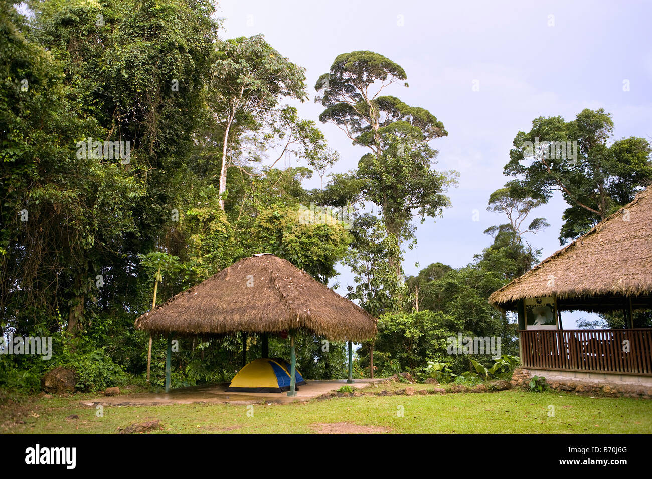 Suriname, Brownsweg, Brownsberg Nationalpark. Camping unter Reetdach. Stockfoto