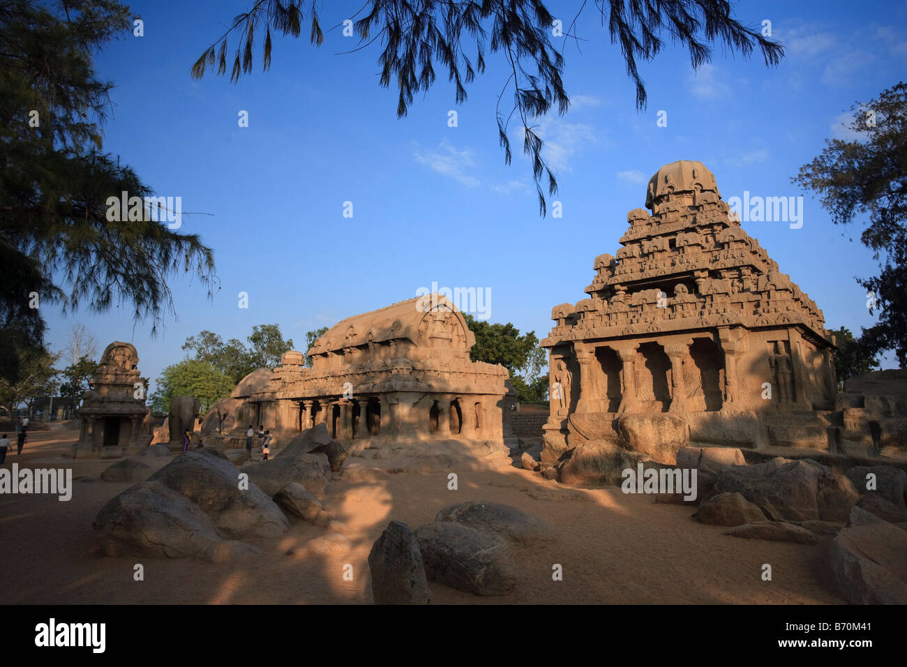 Die fünf Rathas Mamallapuram UNESCO World Heritage Site Tamil Nadu Südindien Stockfoto