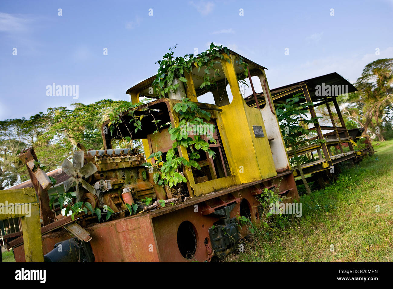 Suriname, Paramaribo. Verlassene ehemalige Zuckerrohr-Plantage-Fabrik namens Marienburg. Zug. Stockfoto