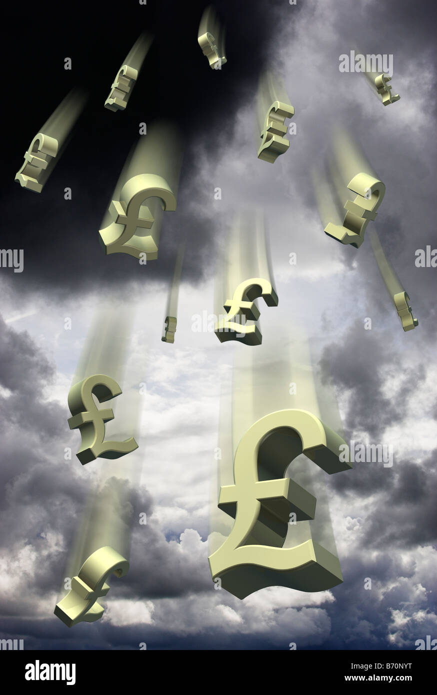 Abwertung, fallen Sterling Konzept - fallende GBP Pfund Sterling Symbole vor stürmischen Himmel - digital composite Stockfoto