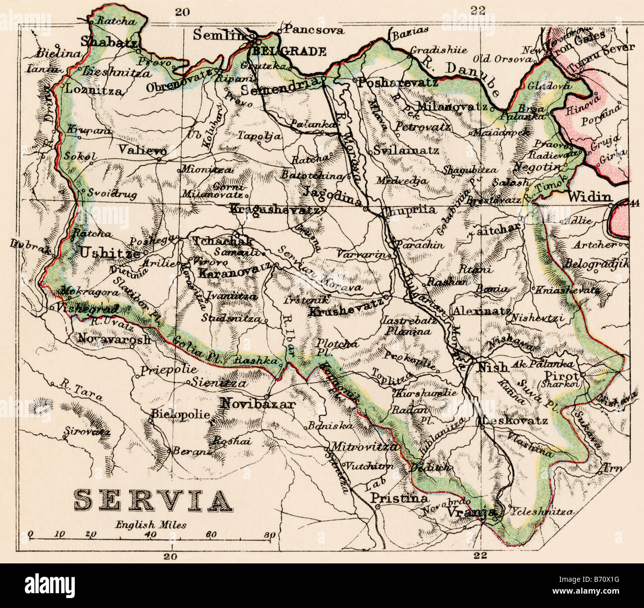 Karte von Serbien in den 1870er Jahren. Farblithographie Stockfoto