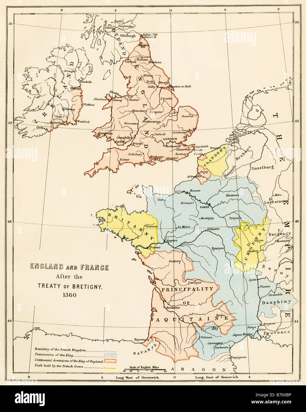 England und Frankreich nach dem Hundertjährigen Krieg 1360. Farblithographie Stockfoto