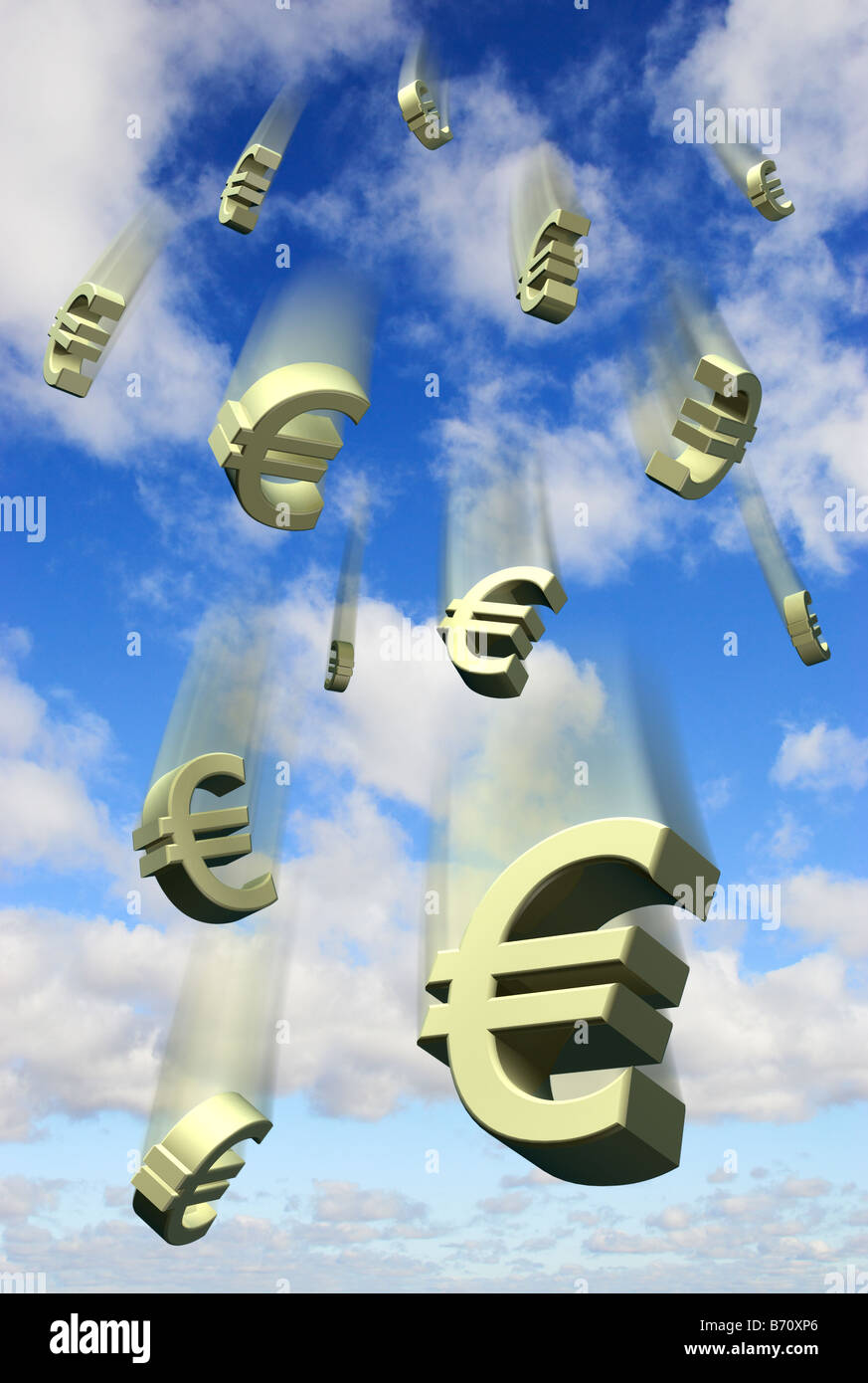 Fallende Euro-Symbole vor einem blauen Himmel - digital composite Stockfoto