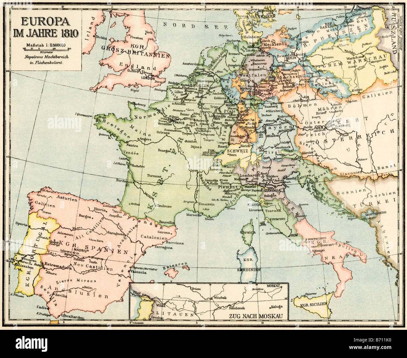 Karte von Europa im Jahr 1810 während der Napoleonischen Kriege, Etiketten in deutscher Sprache. Farblithographie Stockfoto