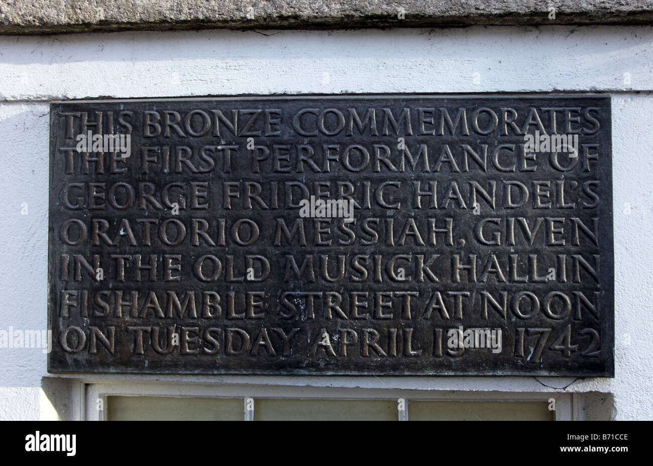 Bronzetafel zur Erinnerung an die erste Aufführung von Georg Friedrich Händel s Messias 13. April 1742 Dublin Irland Stockfoto