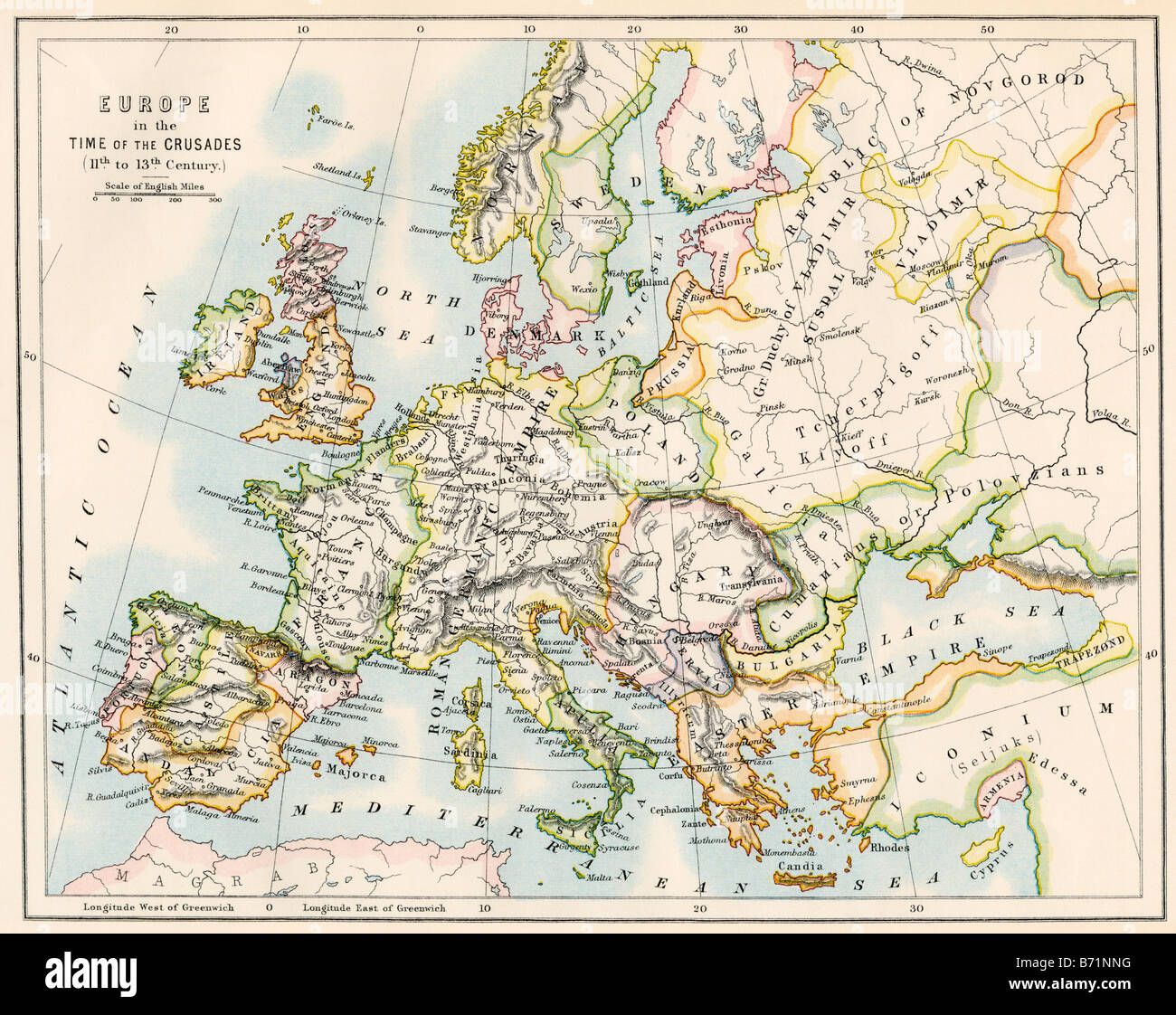 Karte von Europa während der Kreuzzüge 1000 bis 1200 AD 