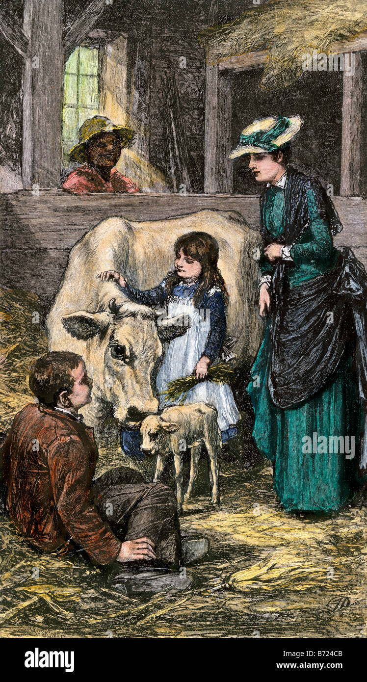 Milchkühe und Ihre neue Kalb bewundert von einem jungen Mädchen, ihre Mutter, und Knechte. Hand - farbige Holzschnitt Stockfoto