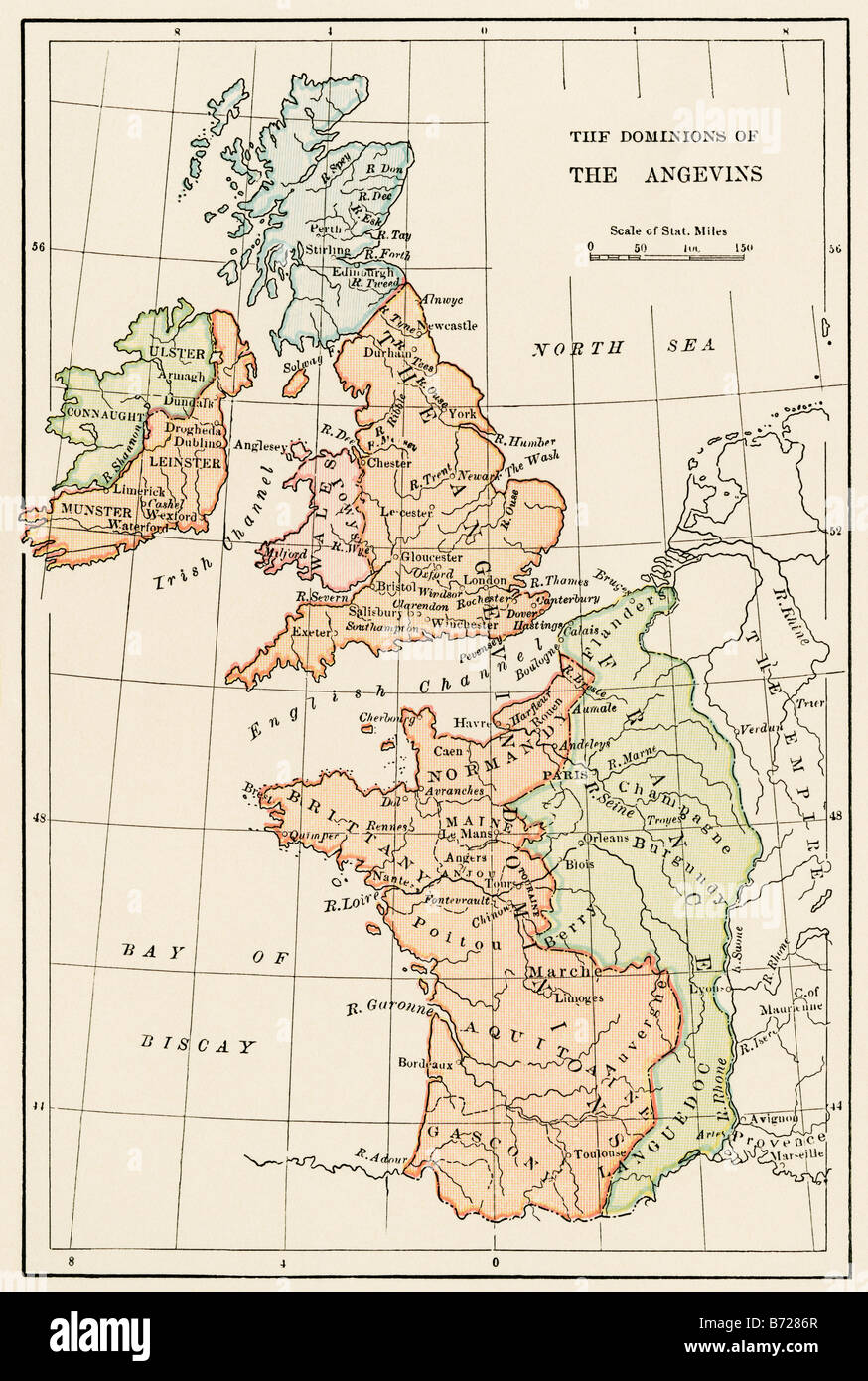 Britische Inseln und Frankreich unter der Anjou 1100s bis 1400s. Farblithographie Stockfoto