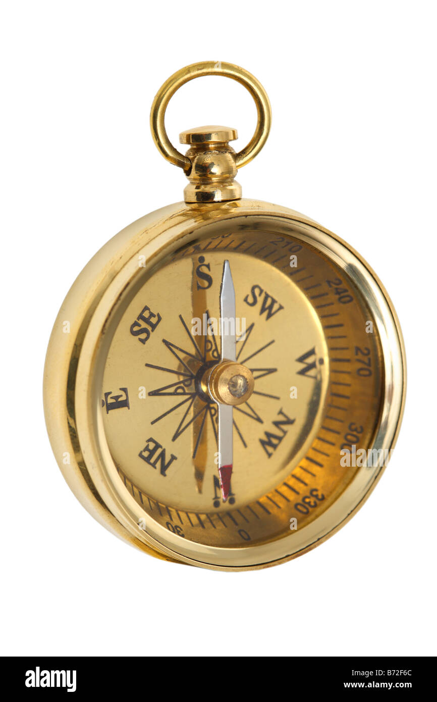 Antike goldene Kompass ausgeschnitten auf weißem Hintergrund Stockfoto