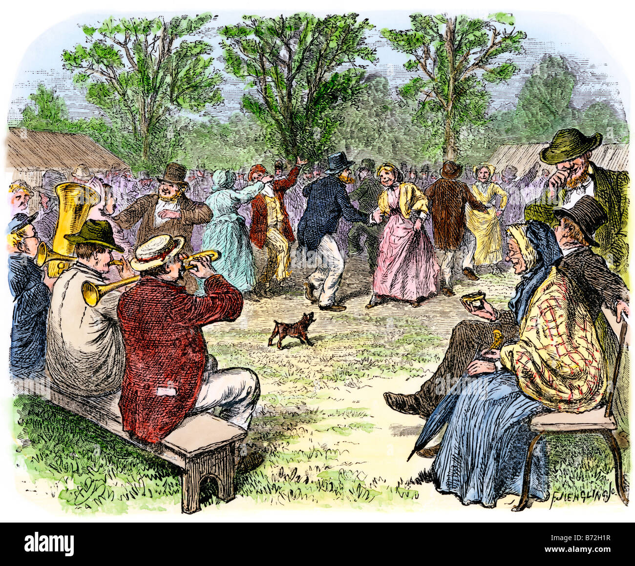 Land Leute genießen einen Outdoor sammeln, tanzen zu einem behelfsmäßigen Band 1800. Hand - farbige Holzschnitt Stockfoto